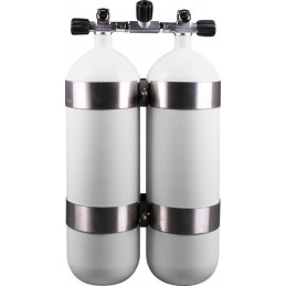 Twinset Steel Cylinders 10 litre, 230 bar, DIR Style - stainless steel tank bands and rubber knobs